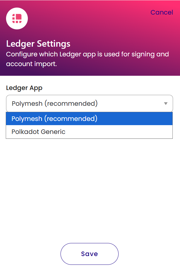 Ledger App dropdown showing Polymesh (recommended) and Polkadot Generic options