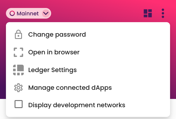 3-dot menu with Ledger Settings option
